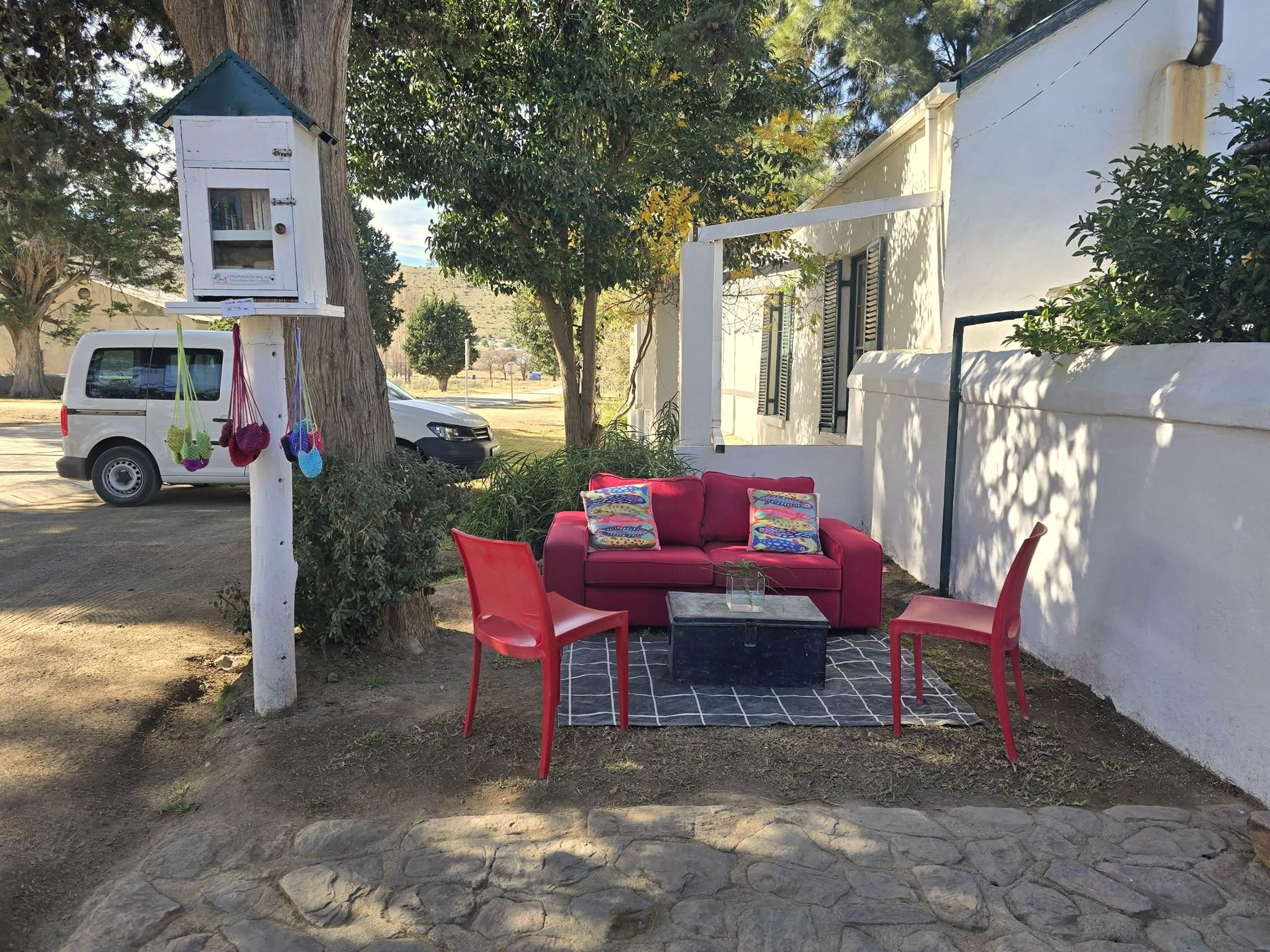 Red chairs outside